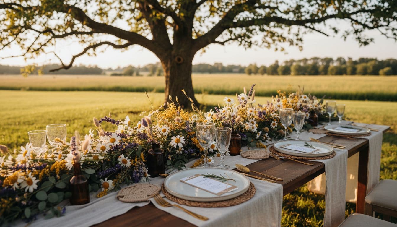 Table bohème en extérieur avec cartes de place, fleurs séchées et vaisselle simple, parfaite pour un placement fluide. Image created with AI