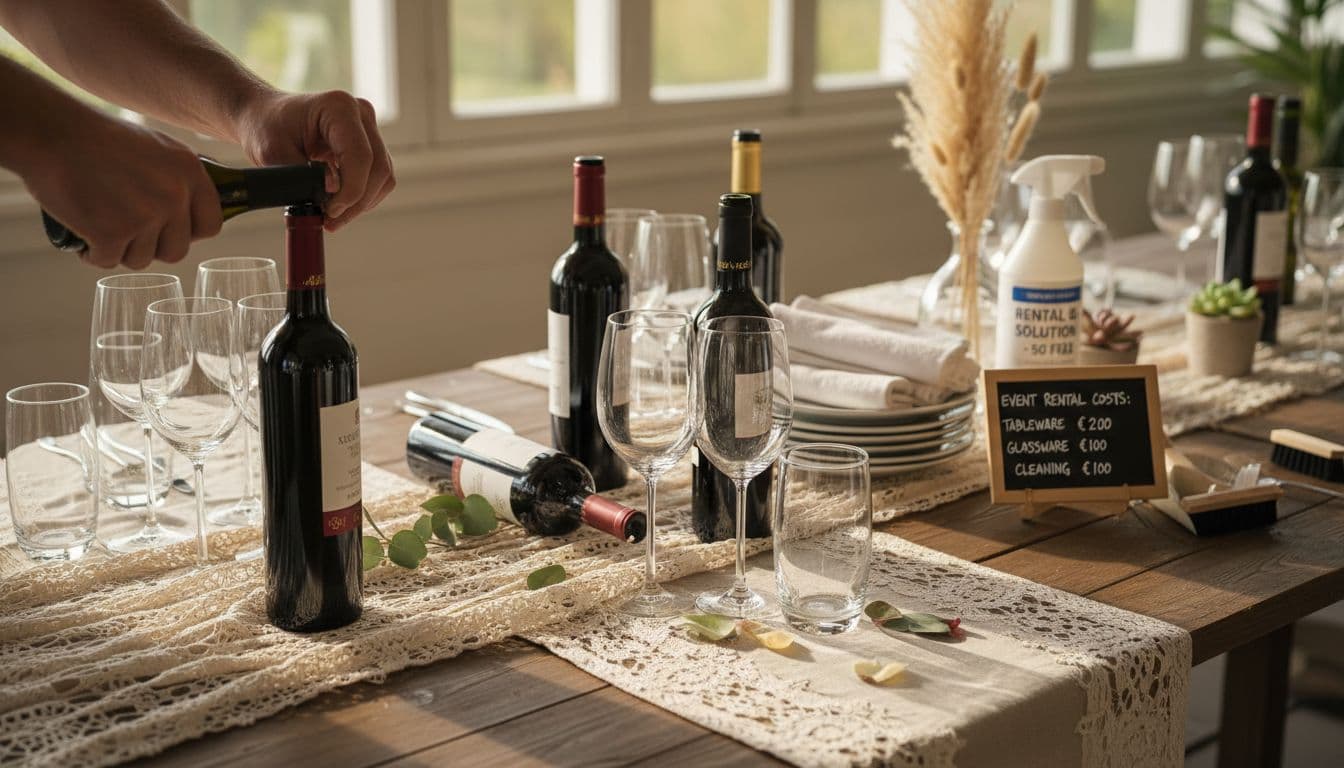Gros plan sur la table, bouteilles débouchées, verrerie et éléments de nettoyage en arrière-plan