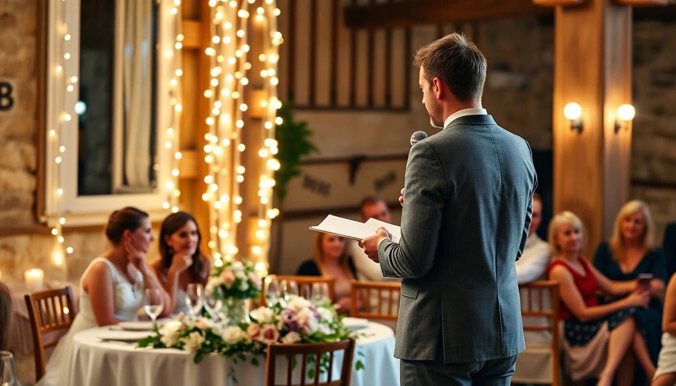 Témoin prononçant un discours à la réception, ambiance guirlandes lumineuses et table fleurie