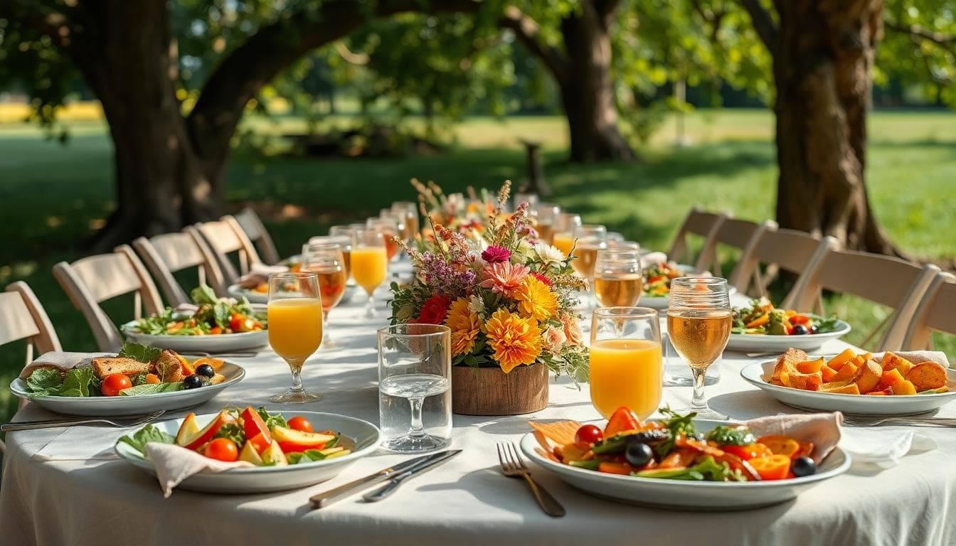 Une table dressée pour un repas de mariage bohème de saison, avec des plats locaux végétariens comme une salade de légumes frais, un plat principal de légumes rôtis, desserts légers aux fruits, boissons infusées dans des verres recyclés, nappes en lin naturel, fleurs sauvages en centre, ambiance conviviale en plein air sous un arbre, lumière naturelle douce