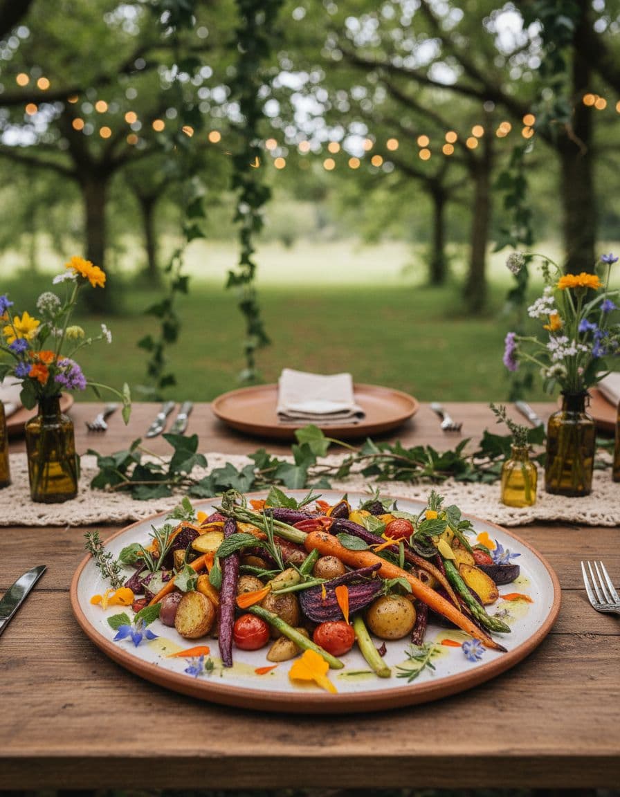 Assiette végétarienne créative avec légumes rôtis, herbes et fleurs comestibles sur table en bois, ambiance champêtre