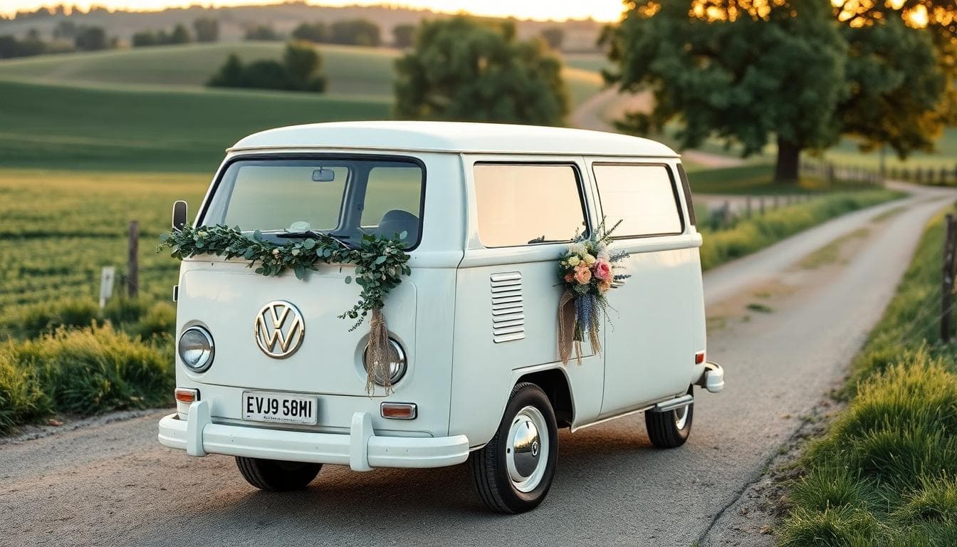 Combi vintage blanc décoré d’eucalyptus, rubans en jute et fleurs sauvages, garé sur un chemin de campagne au soleil couchant