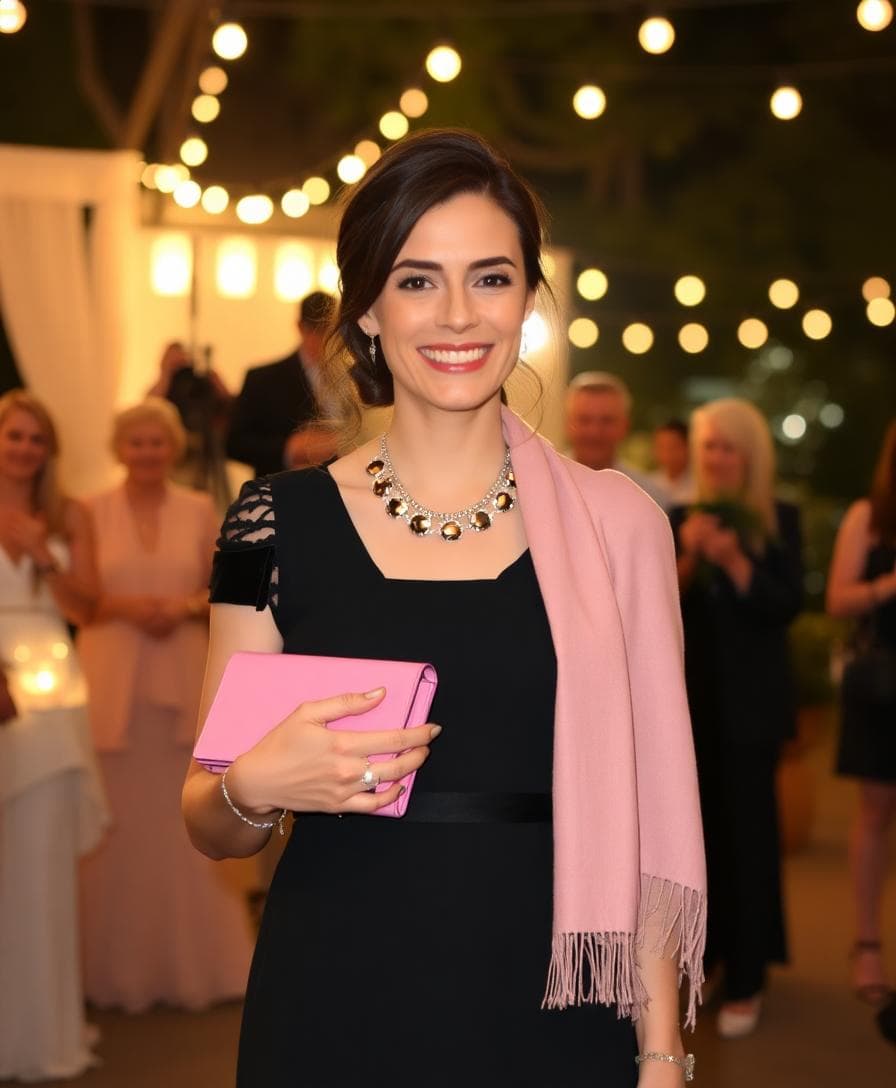 Une femme à un mariage portant une robe noire élégante accessoirisée avec un collier doré, une pochette colorée rose et une écharpe pastel, ambiance festive en extérieur, sourire joyeux, style bohème romantique, lumière chaleureuse du soir, détails sur les accessoires qui illuminent le look