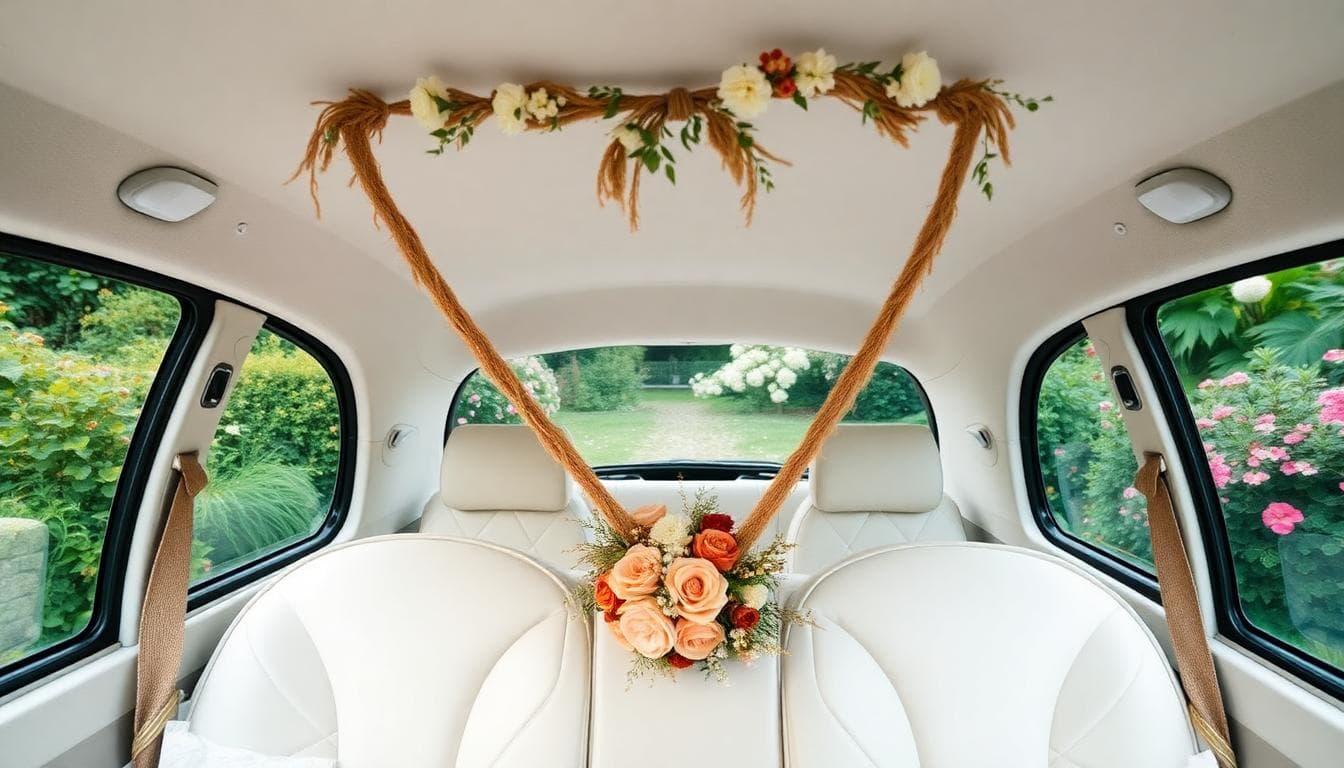 Voiture de mariage blanche décorée d’idées rapides et petit budget, mini nœuds sur poignées, guirlande en V sur le capot, fleurs séchées et jute, teintes nude et terracotta, ambiance champêtre naturelle