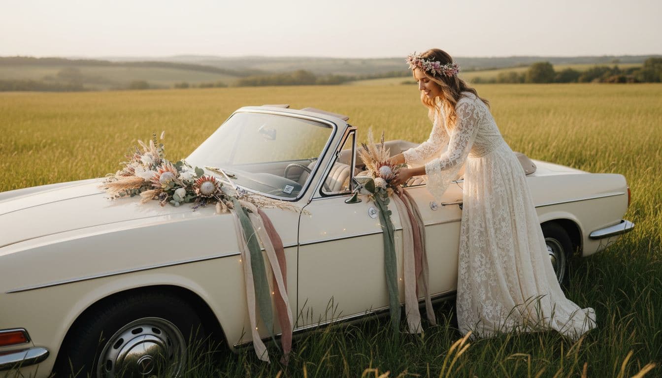 Jeune femme en robe bohème qui fixe des fleurs séchées et des rubans sur une voiture de mariage dans une prairie, lumière dorée, fixation par ventouses et aimants, vue de côté. Image created with AI