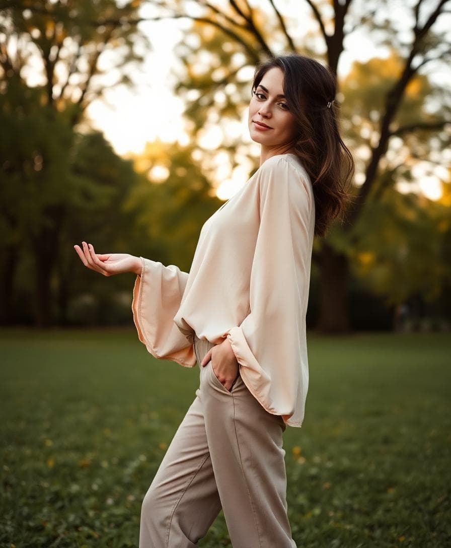 Femme agenouillée en tenue bohème dans un parc au golden hour, pantalon fluide et blouse neutre, tenant un écrin