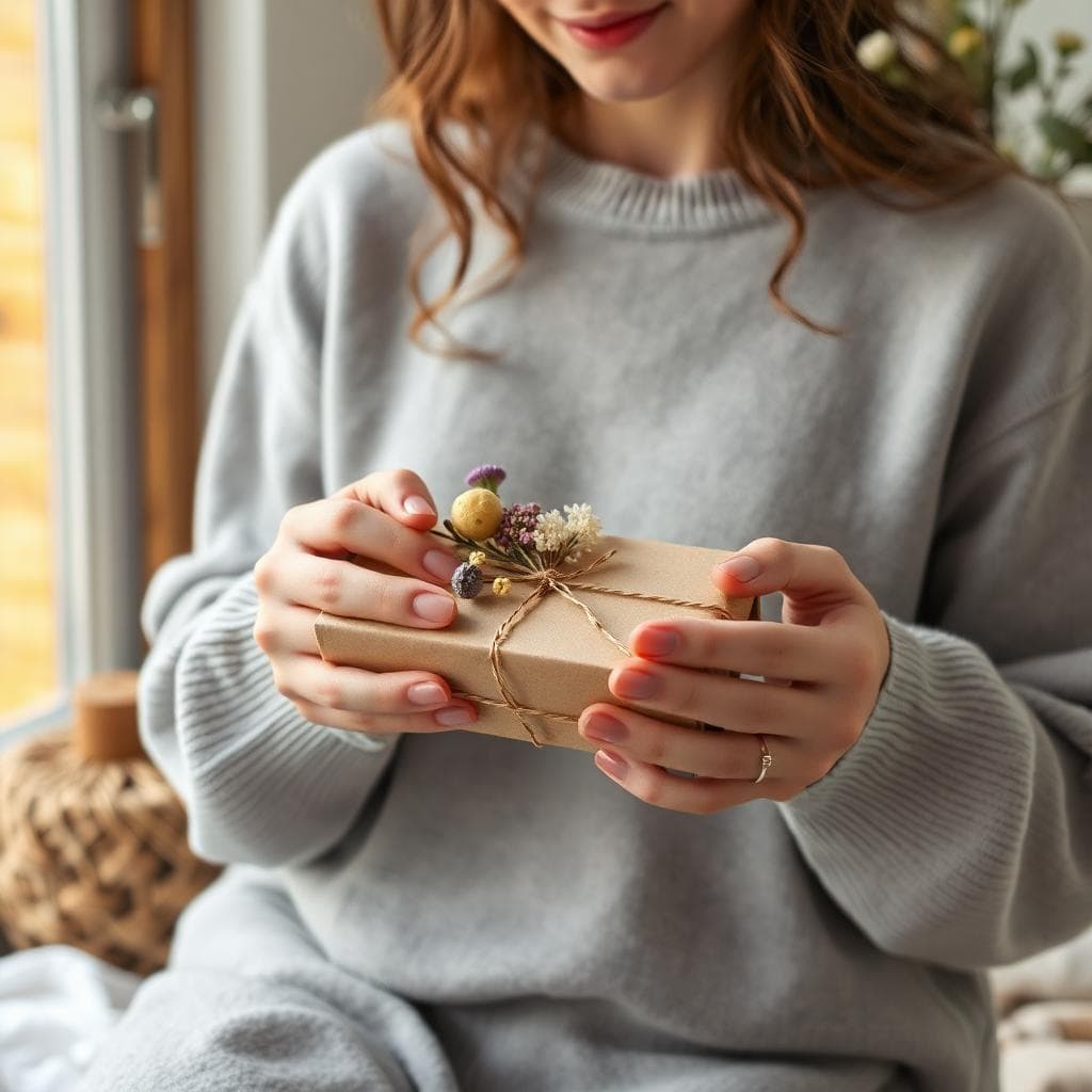 Jeune femme emballant un petit cadeau poétique en papier kraft avec fleurs séchées, ambiance bohème chaleureuse