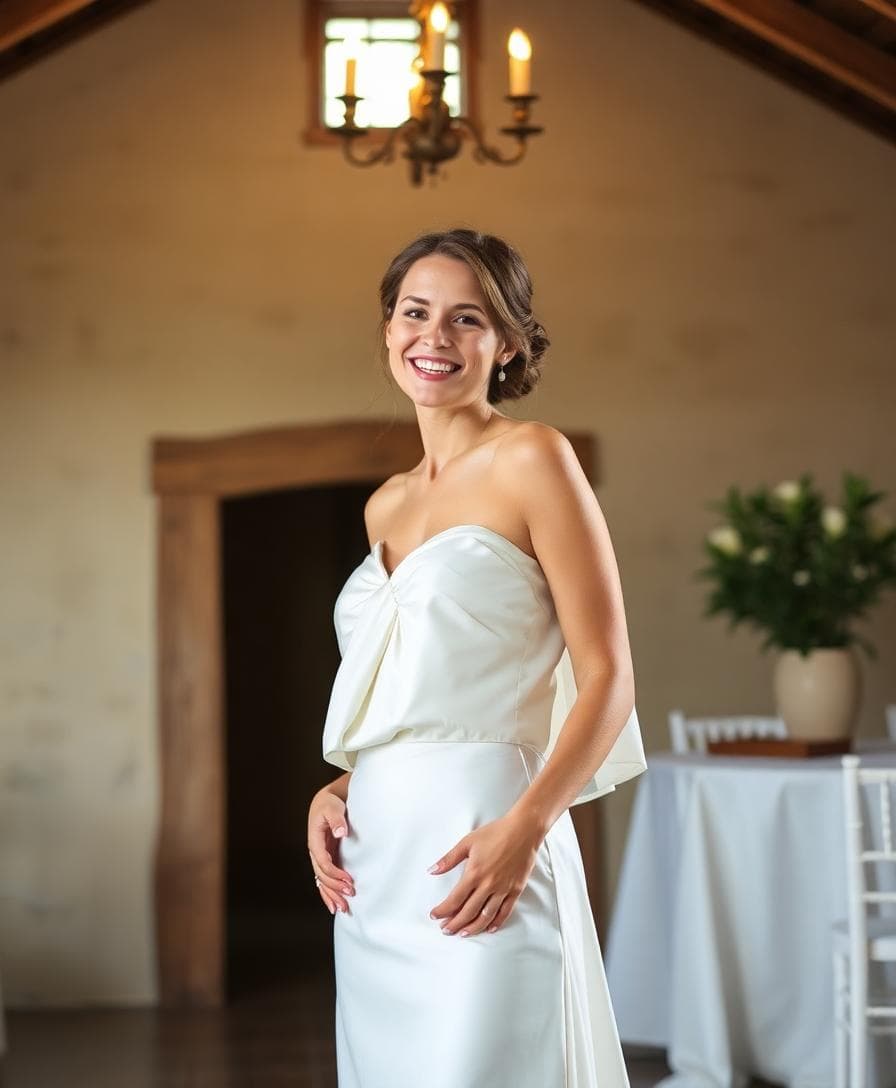 Mariée bohème réalisant un nœud ruban avec son étole en soie, focus sur la taille et les plis, robe dos nu partiellement visible