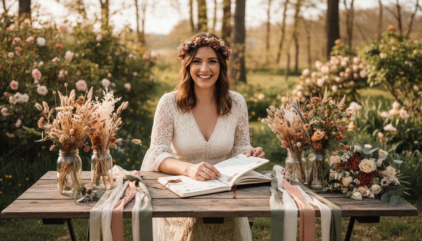 Future mariée bohème gérant son budget dans un jardin, carnet ouvert avec notes et éléments DIY autour, ambiance terracotta et sauge