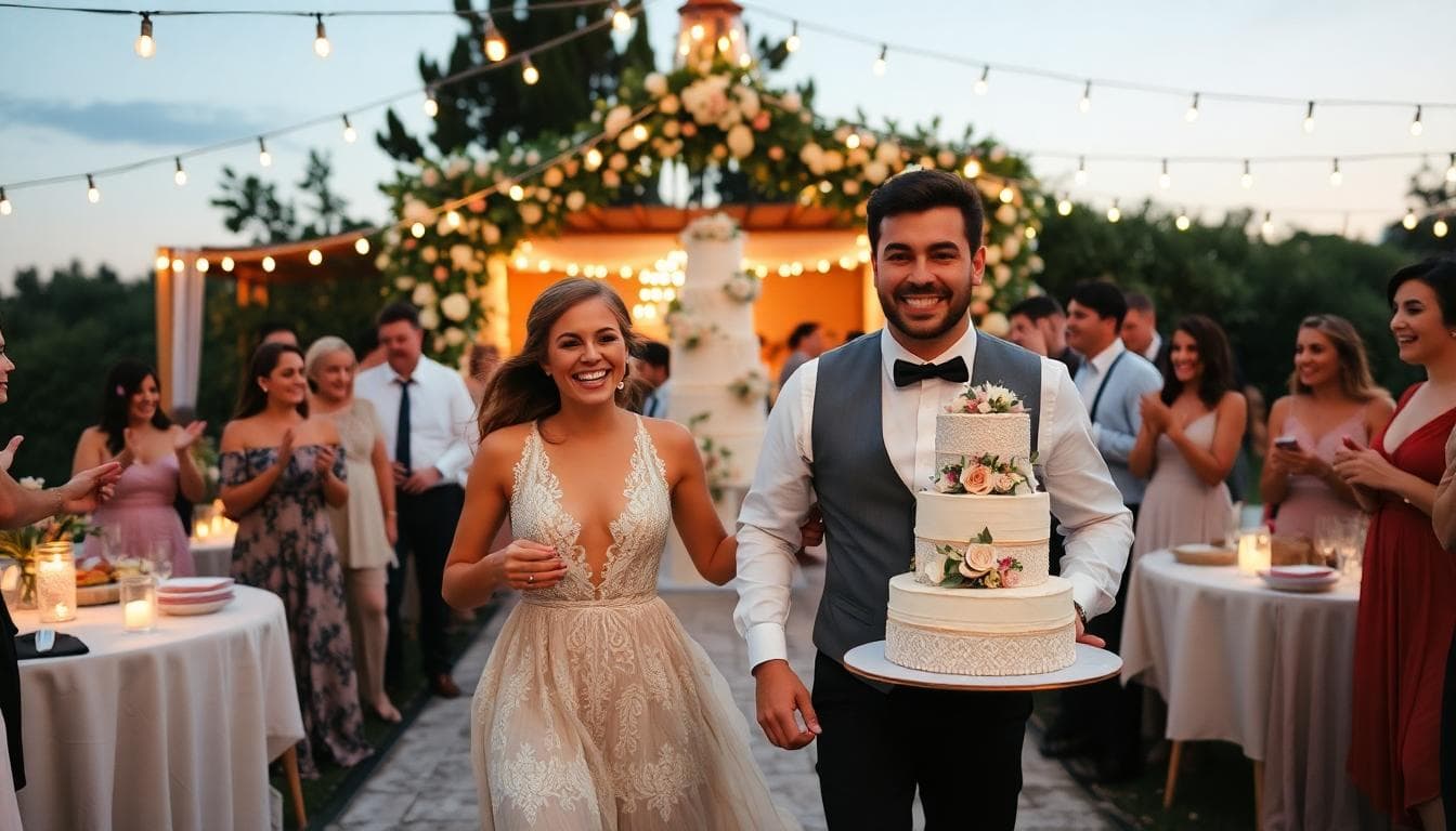 Entrée du gâteau boho chic coordonnée, couple en mouvement, bulles, cierges magiques et guirlandes, lumière dorée au crépuscule