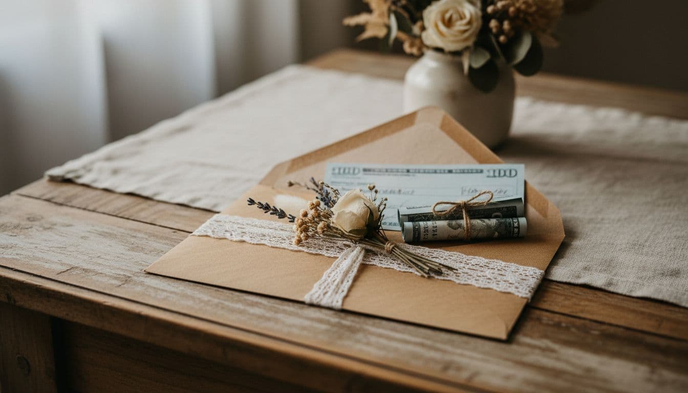Enveloppe de mariage bohème en kraft avec dentelle, chèque et billets sur table en bois, lumière douce, ambiance sécurisée