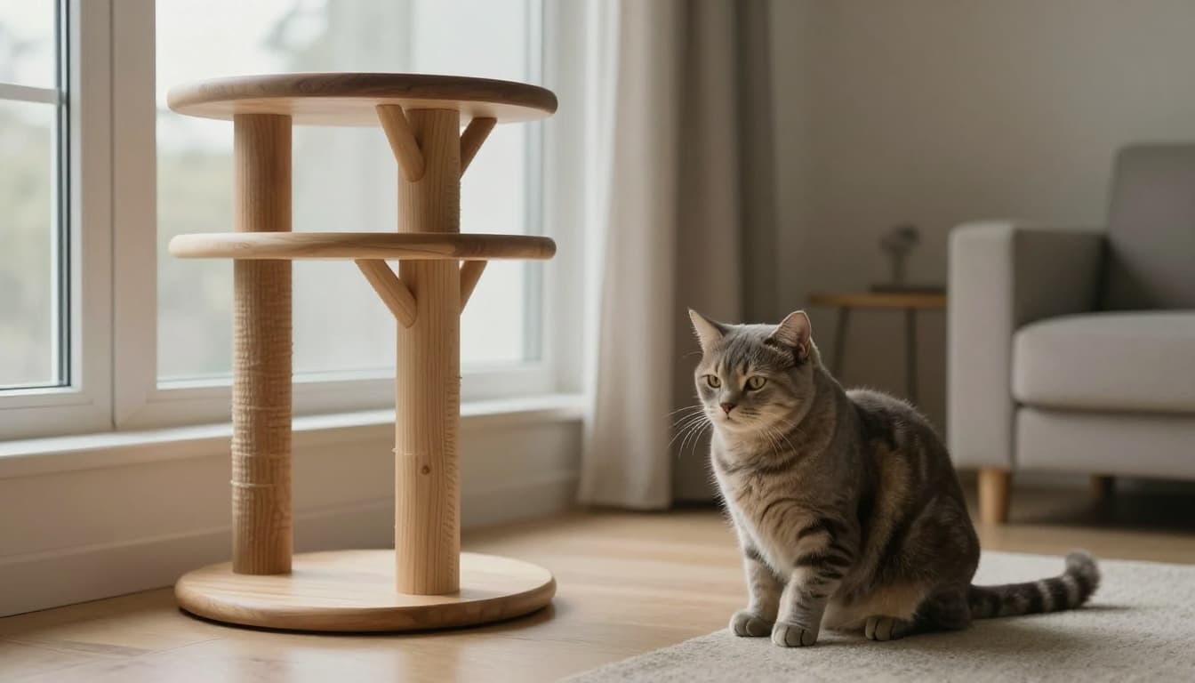 An adult solitary cat gazes boredly out the window of a minimalist Scandinavian living room, featuring a stylish light wood cat tree in the foreground. Soft natural light illuminates neutral tones of beige, gray, and wood, creating a cozy yet empty atmosphere in premium realistic lifestyle photography.