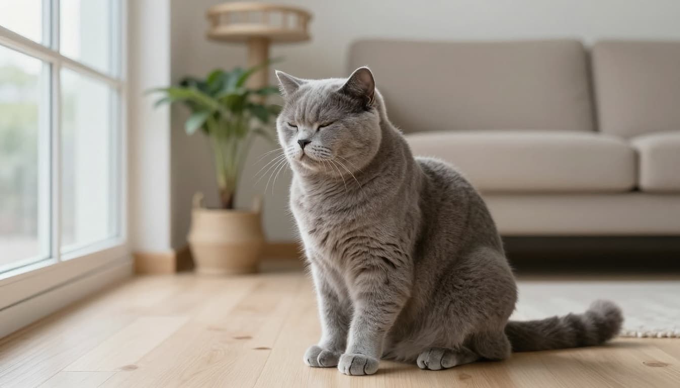 An indoor fluffy grey cat looks bored and restless, sitting on a light wood floor gazing out a large window in a bright minimalist Scandinavian living room with beige sofa and potted plants.