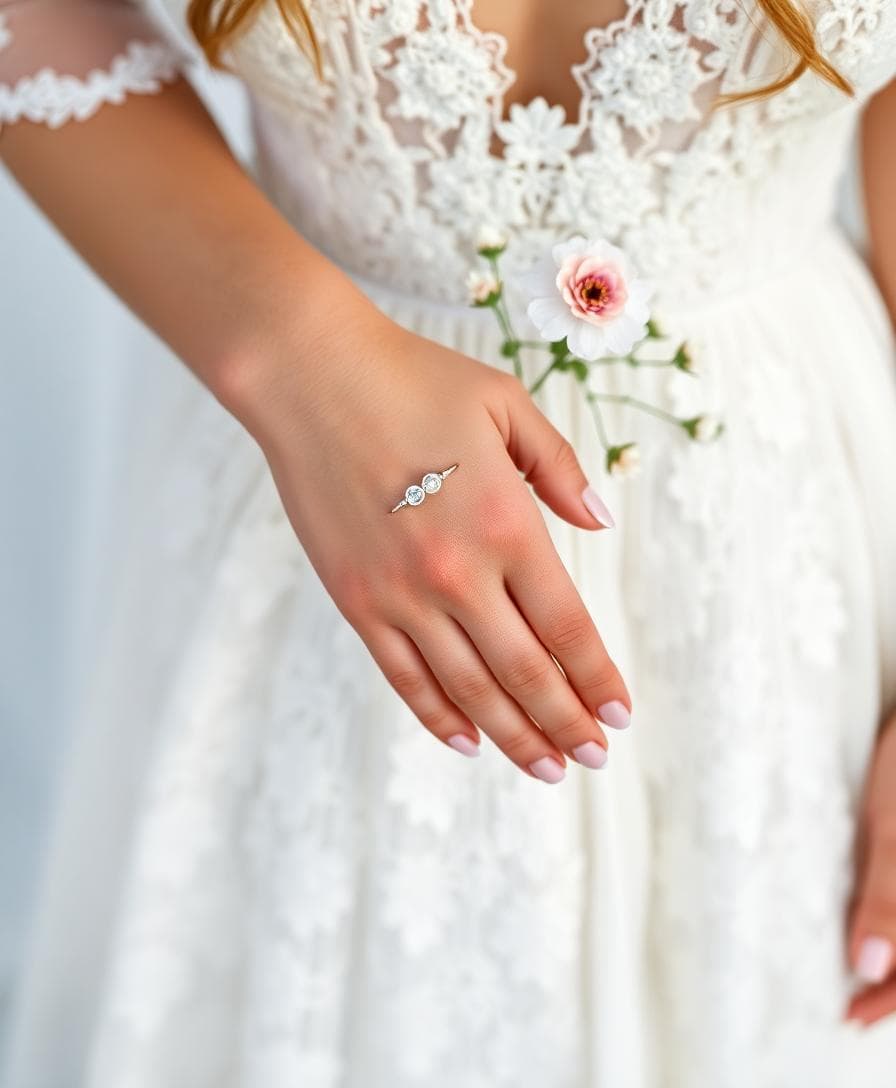 Main de mariée avec alliance fine en or poli miroir sur dentelle bohème, ambiance champêtre douce