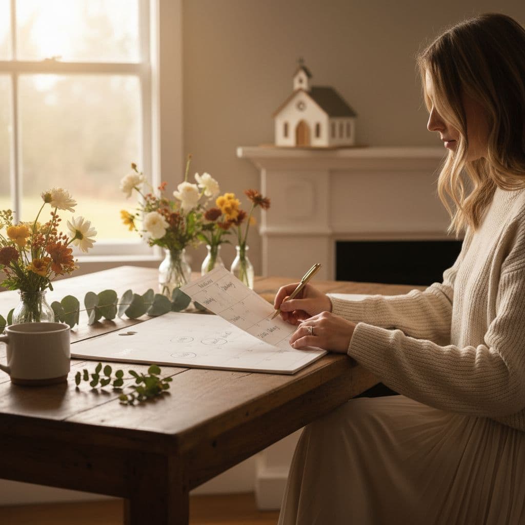 Future mariée planifiant son calendrier de réservation d'église, avec modèle d'église et fleurs sauvages sur la table