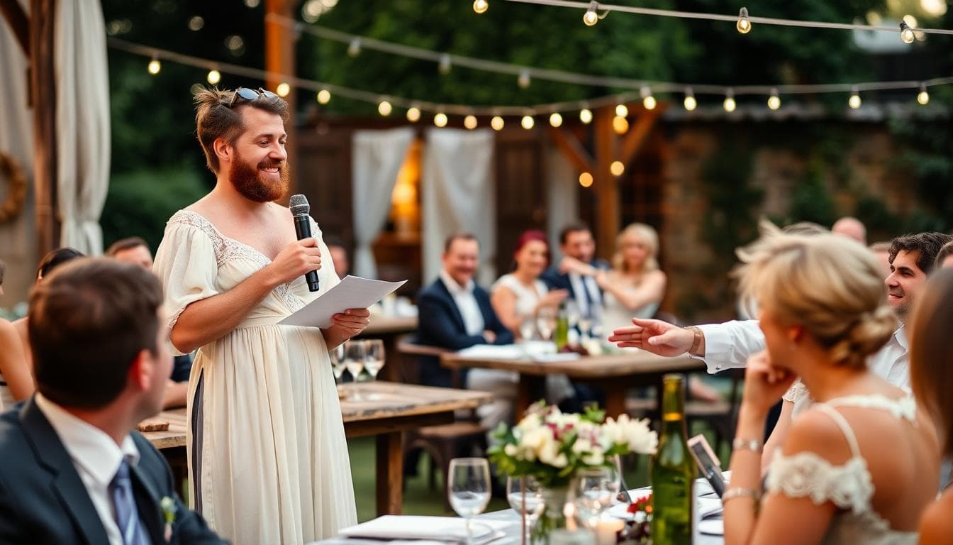 Un frère rit en prononçant un discours humoristique lors d'un mariage bohème champêtre, ambiance détendue