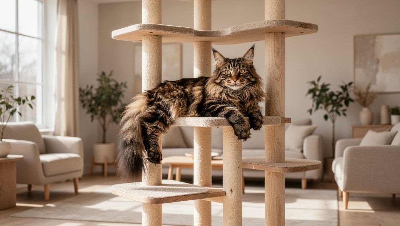 Premium lifestyle photo featuring an adult Maine Coon cat with long fluffy brown tabby fur and large paws lounging on a tall sturdy light wooden cat tree in a bright Scandinavian minimalist living room with neutral colors and natural light.