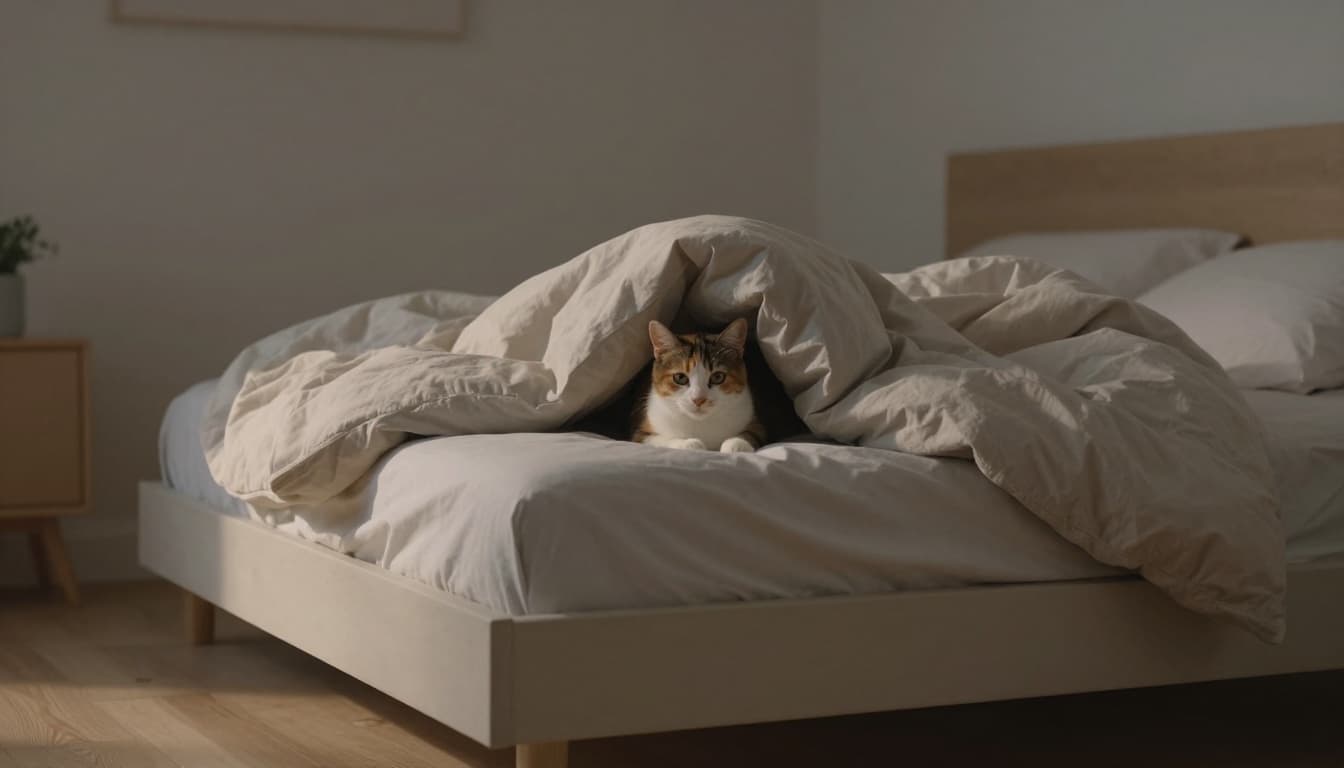 A calico cat tucks itself between a person's legs under a light blanket on a low bed in a modern Scandinavian bedroom with subtle evening light.