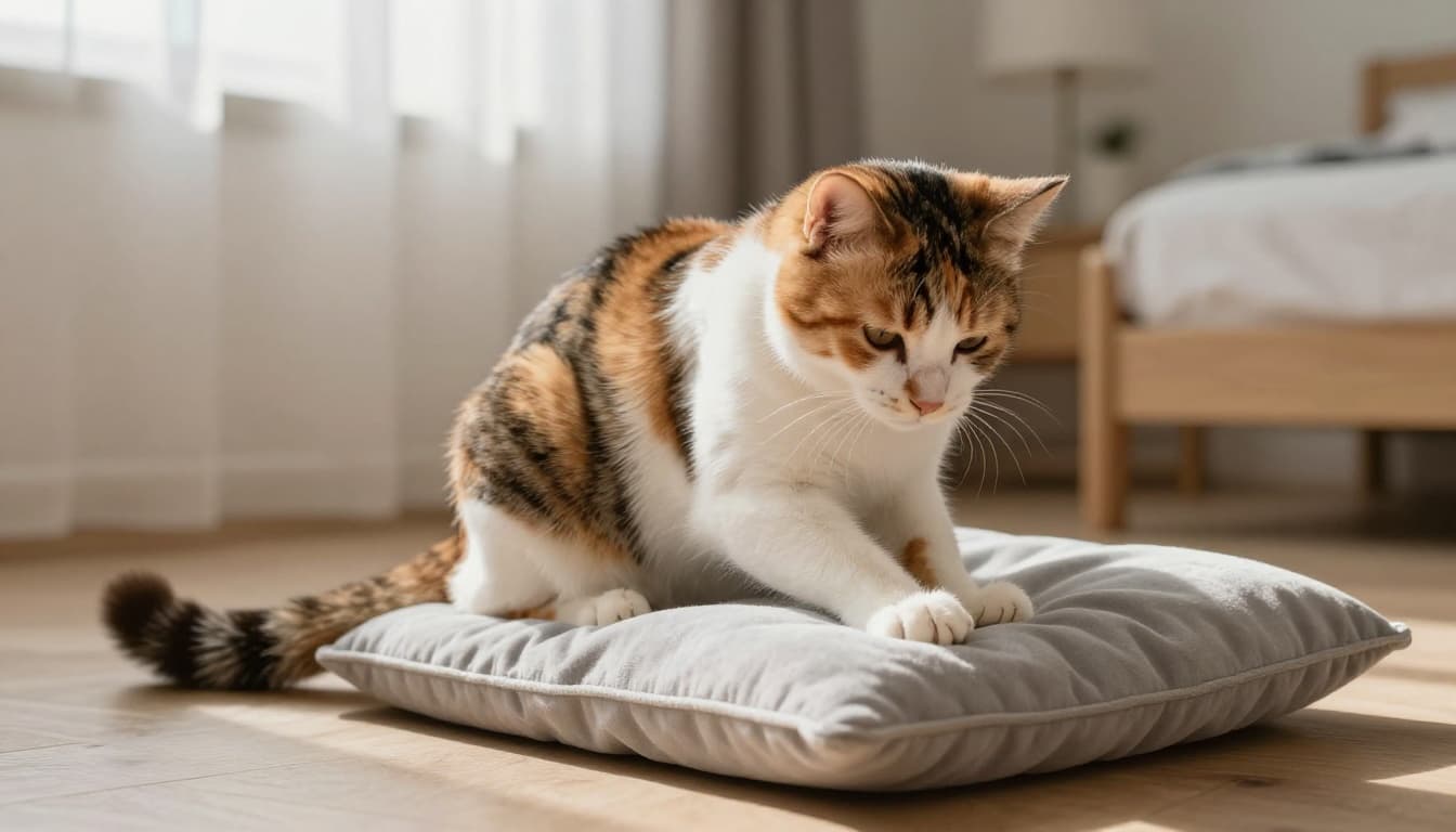 A female calico cat shows heat behaviors by kneading rhythmically with front paws on a plush light gray cushion on a wooden floor in a cozy Scandinavian bedroom with soft natural afternoon light filtering through sheer curtains.