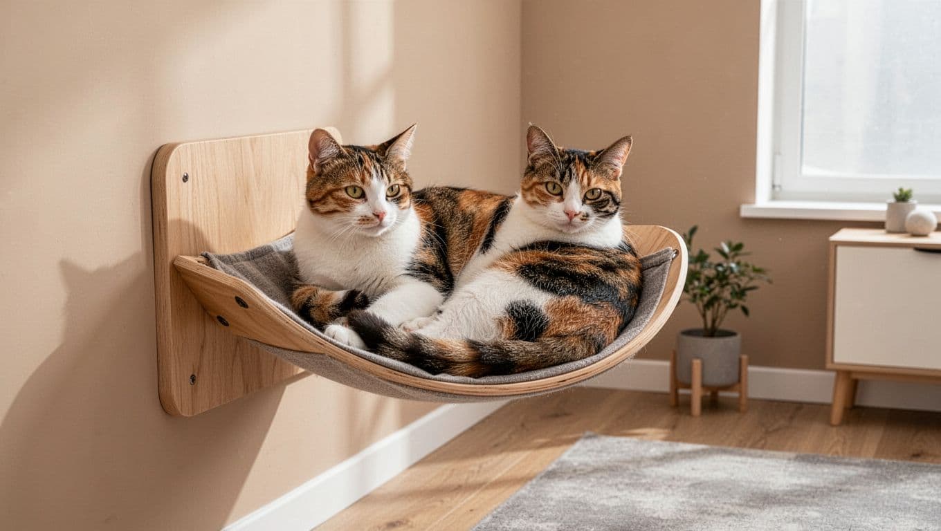 A graceful female calico cat lounging relaxed on a stylish light wood wall-mounted cat hammock in a modern Scandinavian living room corner. Detailed fur texture with a cozy vibe in minimalist interior.