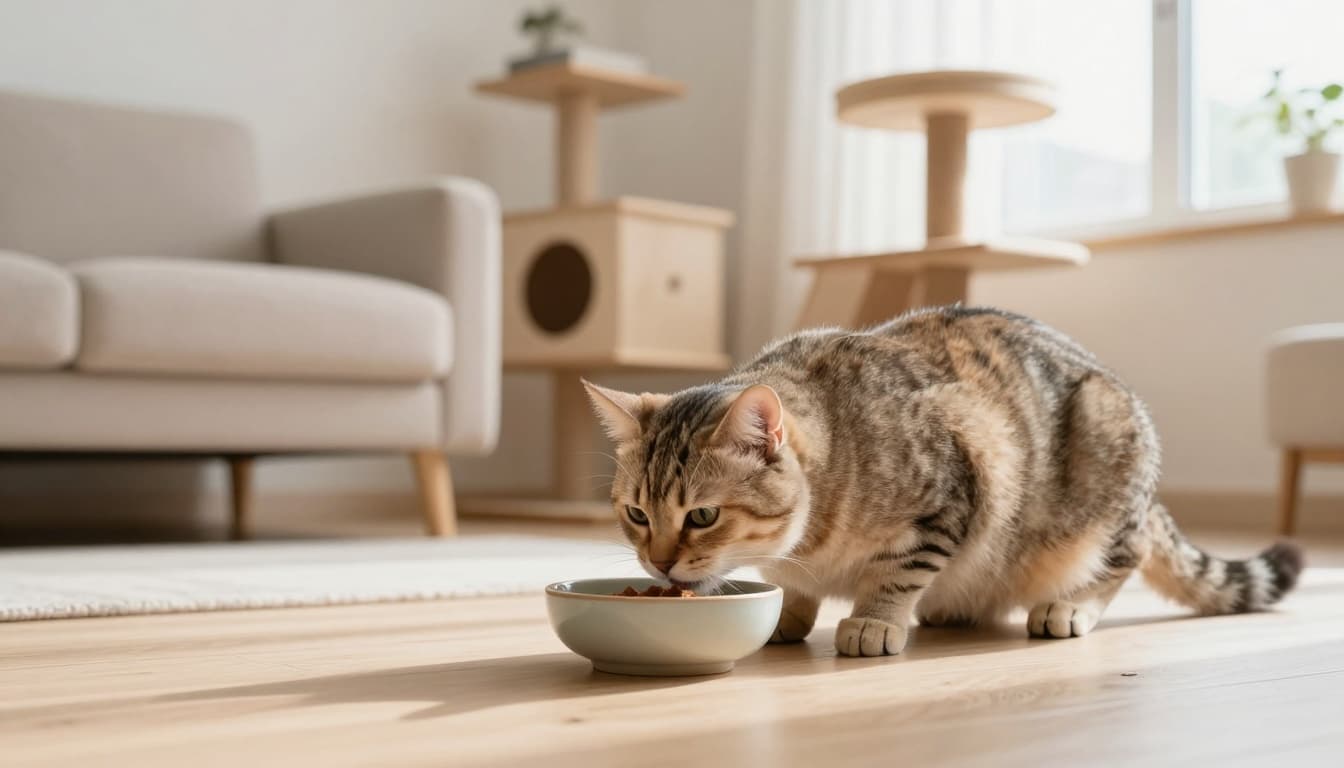 A relaxed domestic cat eats from a ceramic bowl on a light wooden floor in a bright minimalist Scandinavian living room with neutral decor and a cat tree.