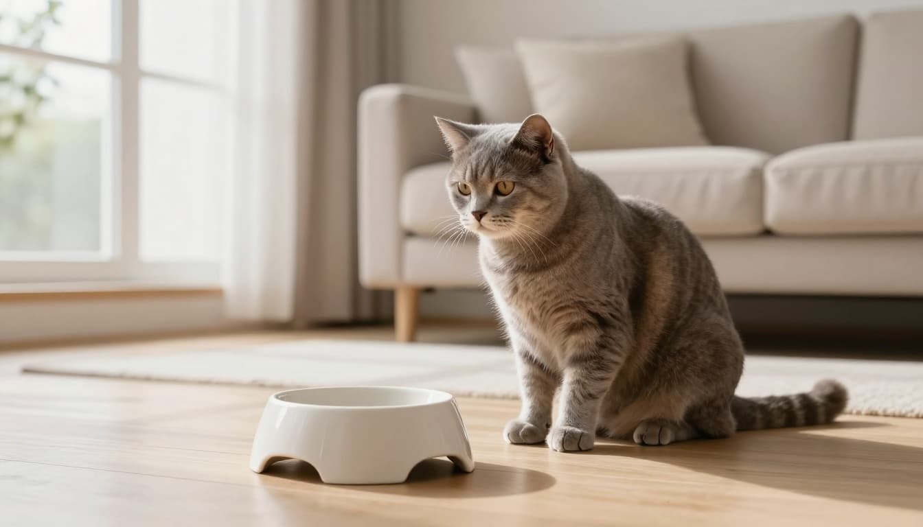 A domestic cat with a calm expression sits beside an empty ceramic food bowl on a light wooden floor in a bright Scandinavian living room. Soft natural light filters through large windows, creating a warm, cozy minimalist atmosphere.