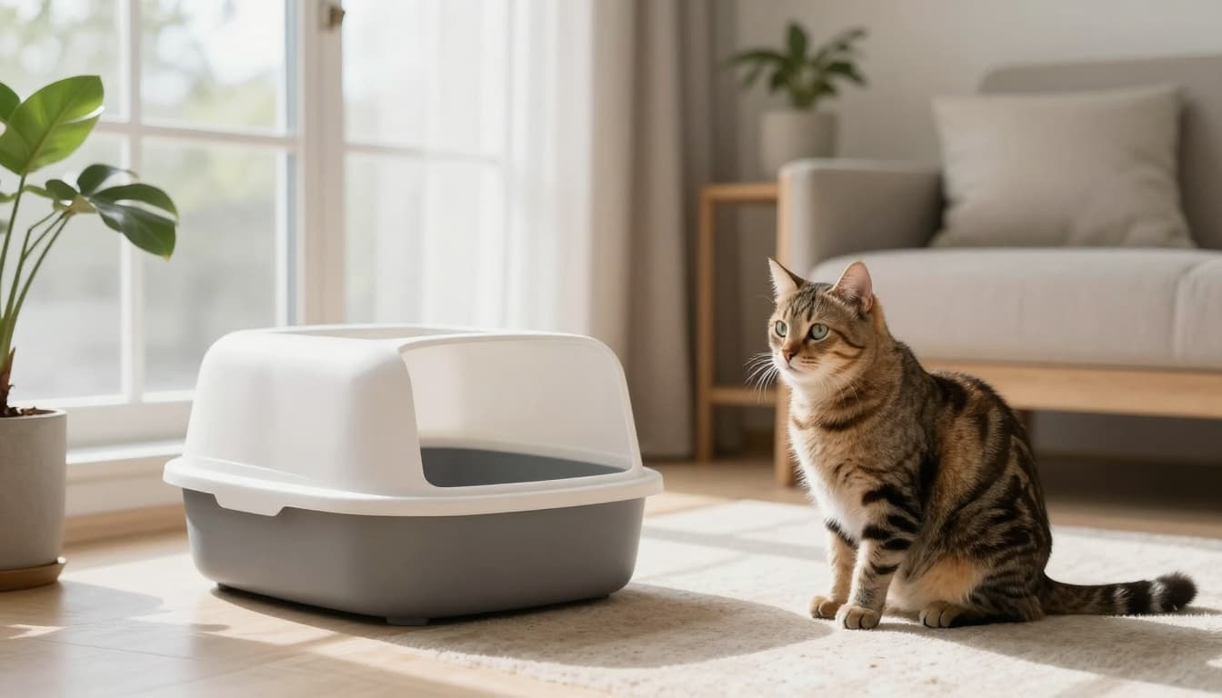 A calm adult cat sits thoughtfully near a clean empty litter box in a bright minimalist Scandinavian living room with cozy beige tones and natural light.
