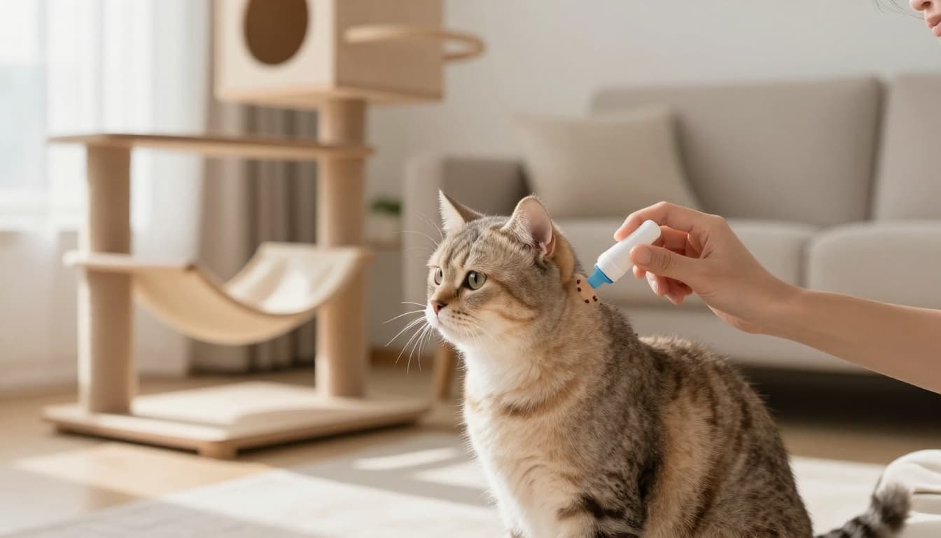 A calm domestic cat receives a gentle flea treatment pipette application on its neck fur by a caring owner's hand in a bright Scandinavian living room with minimalist decor and a premium wooden cat tree.