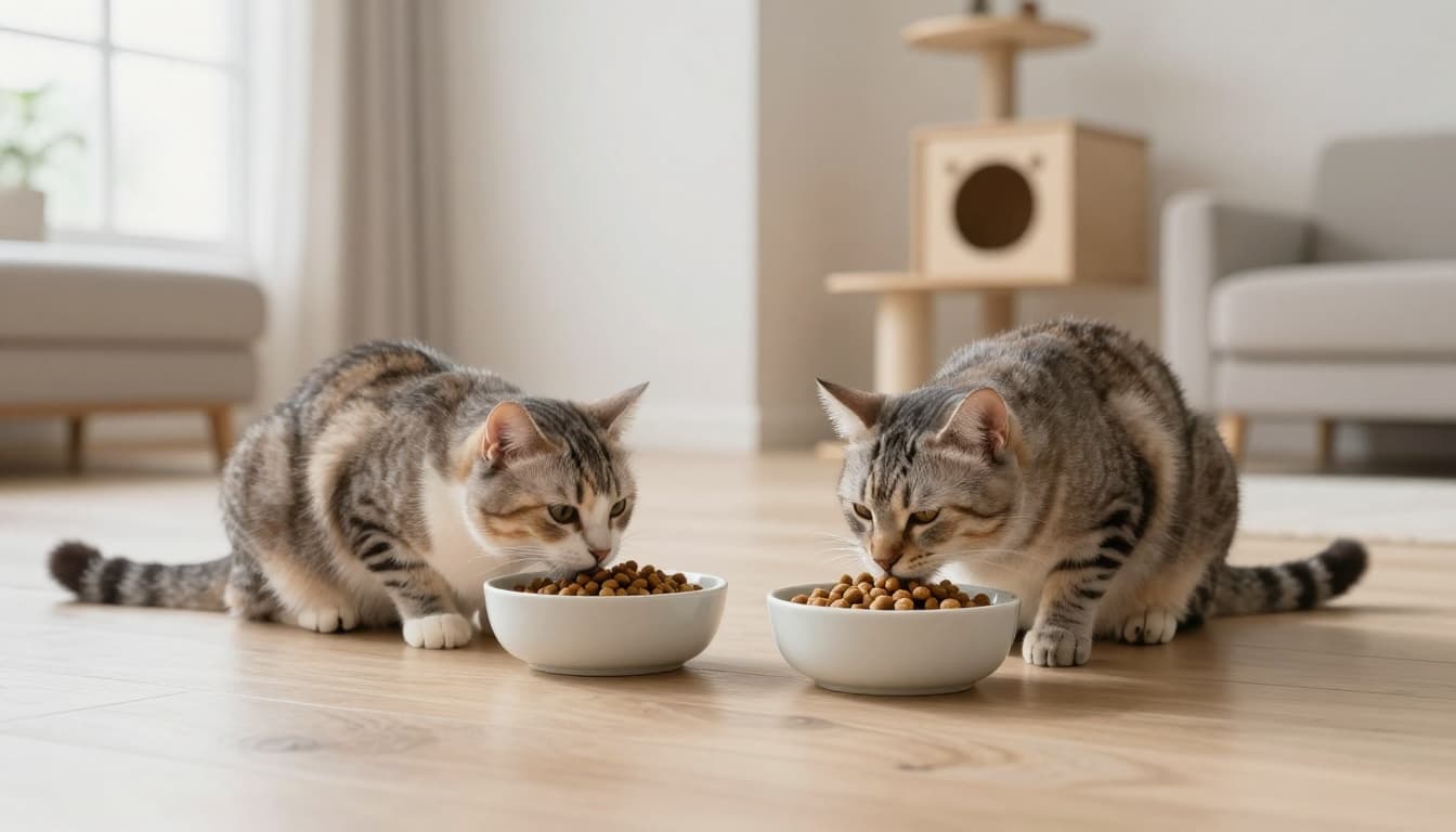 A calm domestic cat eats slowly from two adjacent ceramic bowls, one with old kibble and the other with new post-sterilization kibble, in a bright Scandinavian minimalist living room.