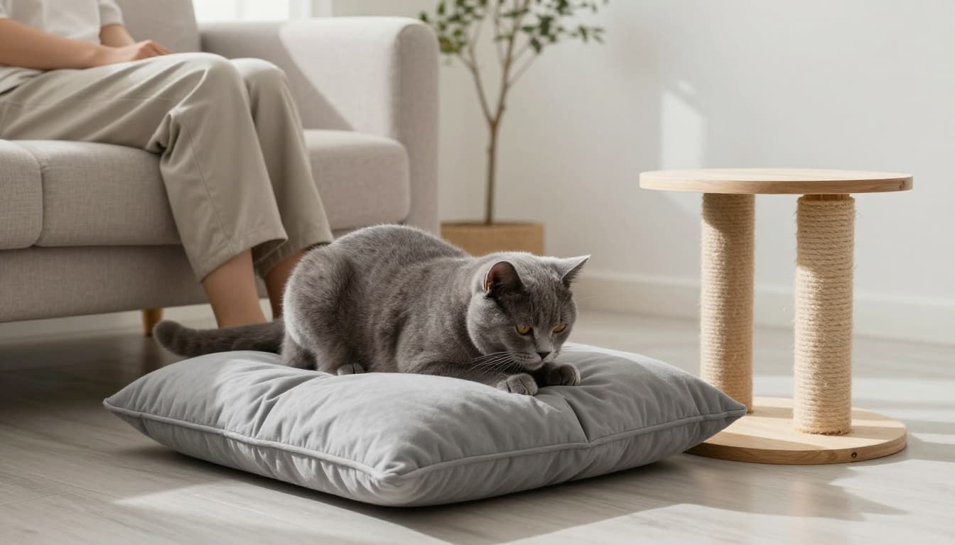 A content gray cat kneads softly on a thick plush cushion on the floor next to a person's legs on a beige sofa in a bright Scandinavian living room with minimalist decor and a nearby wooden scratching post.
