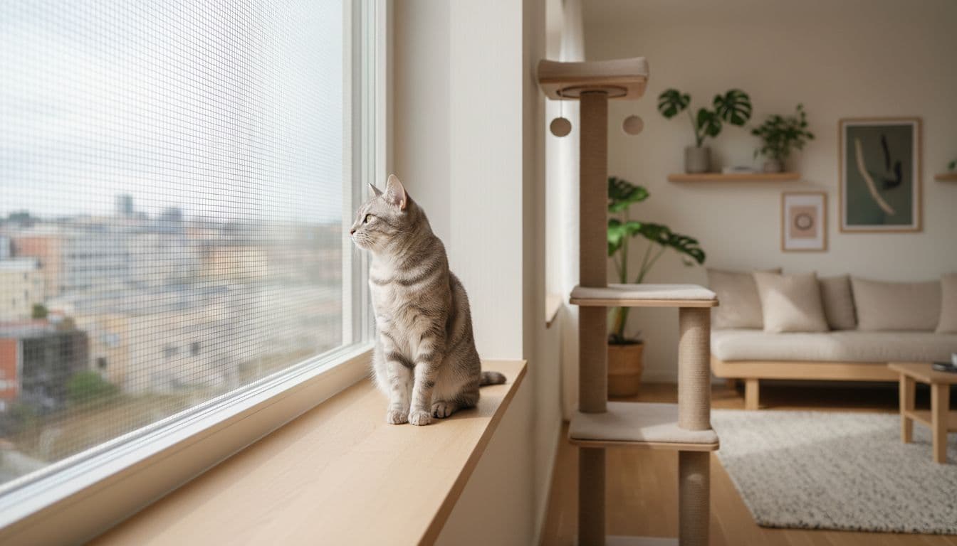 A light gray tabby cat sits peacefully on a windowsill with secure mesh screen in a modern Scandinavian living room, with a wooden cat tree nearby and bright natural daylight.