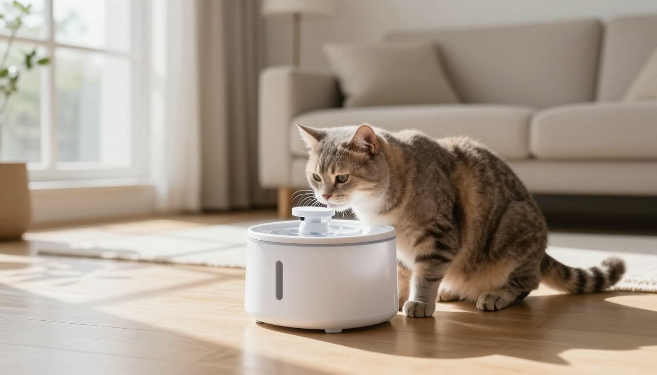 A calm domestic shorthair cat drinks fresh water from a modern cat fountain on a light wooden floor in a bright Scandinavian living room with natural sunlight and cozy minimalist decor.