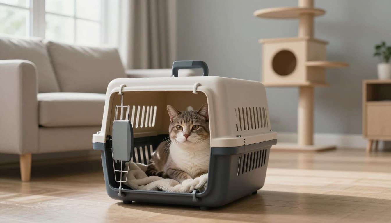 A calm young shorthair cat sits relaxed inside a secure pet carrier on the floor of a bright Scandinavian living room with a cat tree in the background.