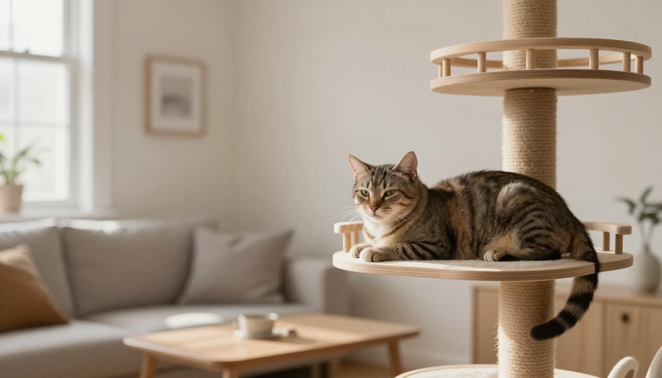 A calm young neutered male shorthair cat rests peacefully on a premium multi-level wooden cat tree in a bright Scandinavian living room with minimalist decor and natural morning light.