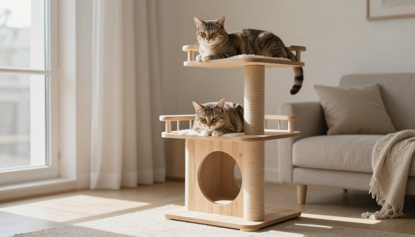 A calm young male shorthair cat rests comfortably on a premium multi-level wooden cat tree in a bright Scandinavian living room with minimalist decor and soft natural light.