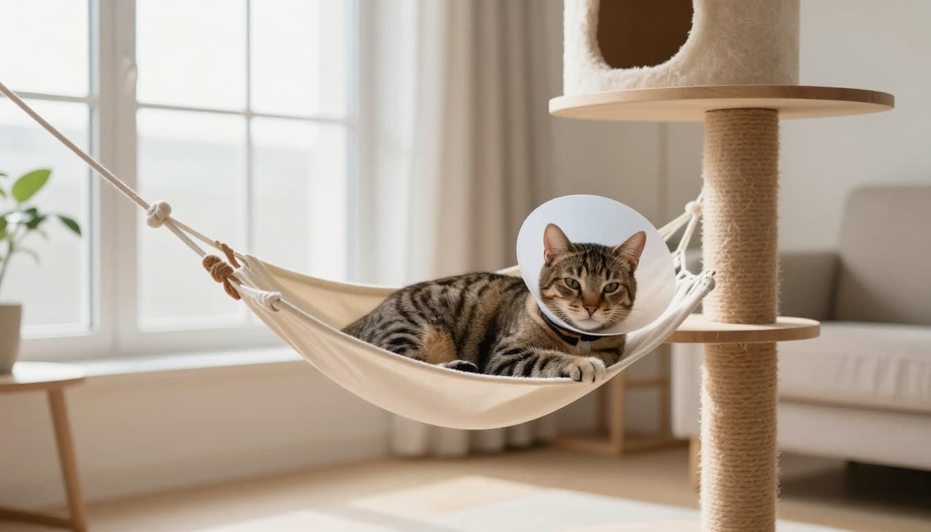 A calm tabby cat with a protective cone collar after surgery rests comfortably on a sturdy hammock of a premium natural wood cat tree in a minimalist Scandinavian living room. Bright natural light floods through large windows, neutral beige and light wood tones create a warm cozy atmosphere.
