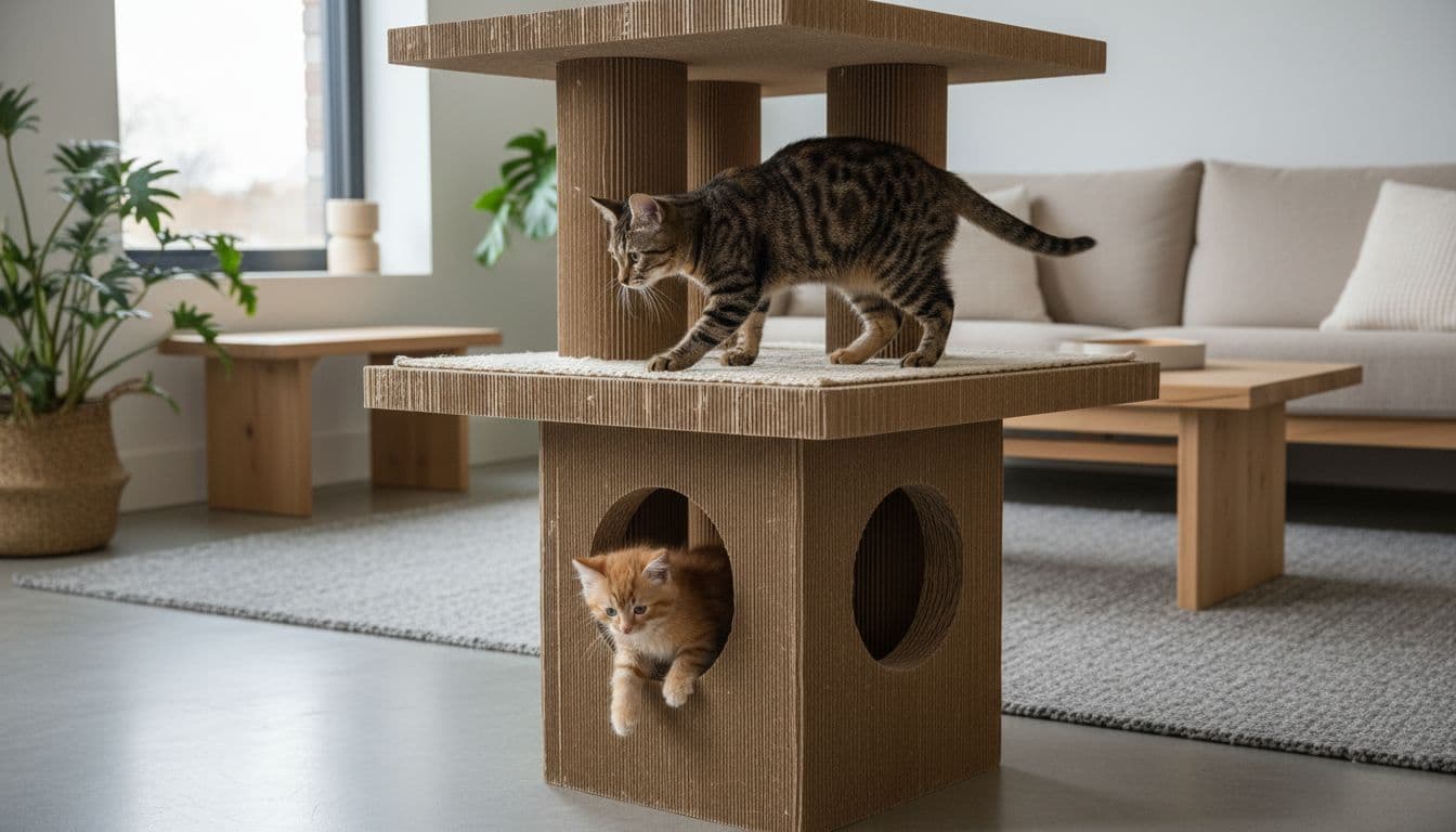 A cardboard cat tree with wide platforms and size-adapted openings in a modern Scandinavian living room. Adult cat climbs a lined platform as a kitten passes through an opening, with soft natural light and cozy neutral tones.