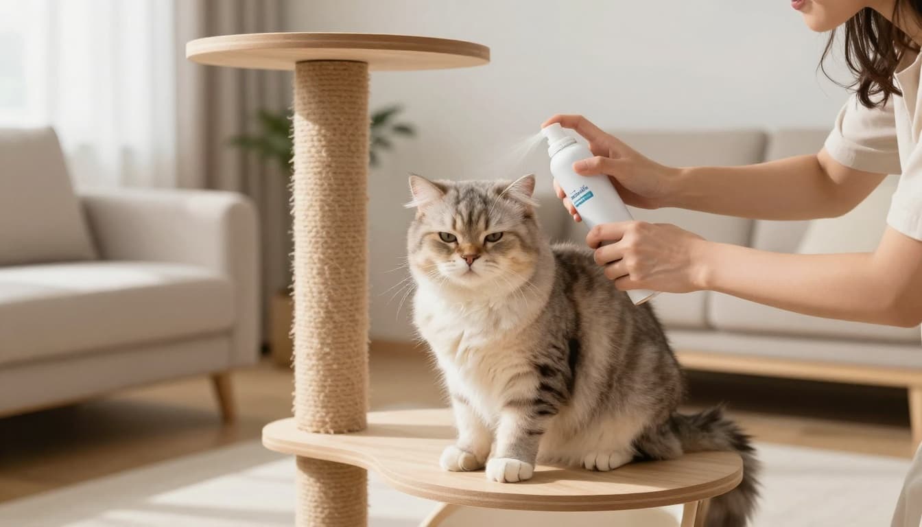 A caring owner gently applies dry shampoo to a fluffy relaxed cat on a premium wooden cat tree in a bright modern Scandinavian living room with natural light and minimalist decor. The content cat has half-closed eyes in this premium lifestyle photography.