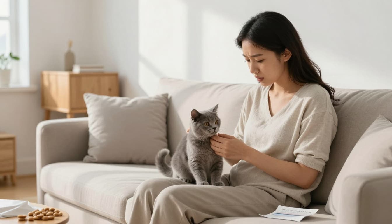 In a bright Scandinavian modern living room with minimalist decor, a caring owner gently examines a fluffy grey kitten on their lap, noticing a slightly rounded belly amid pet treats and health notes.