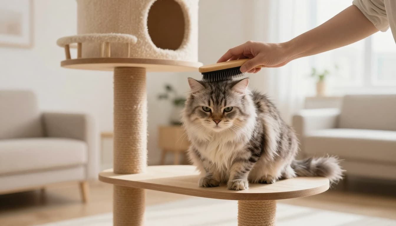 A caring owner gently brushes a relaxed senior cat with slightly longer fur on a premium wooden cat tree in a bright, minimalist Scandinavian living room filled with natural light and neutral tones.