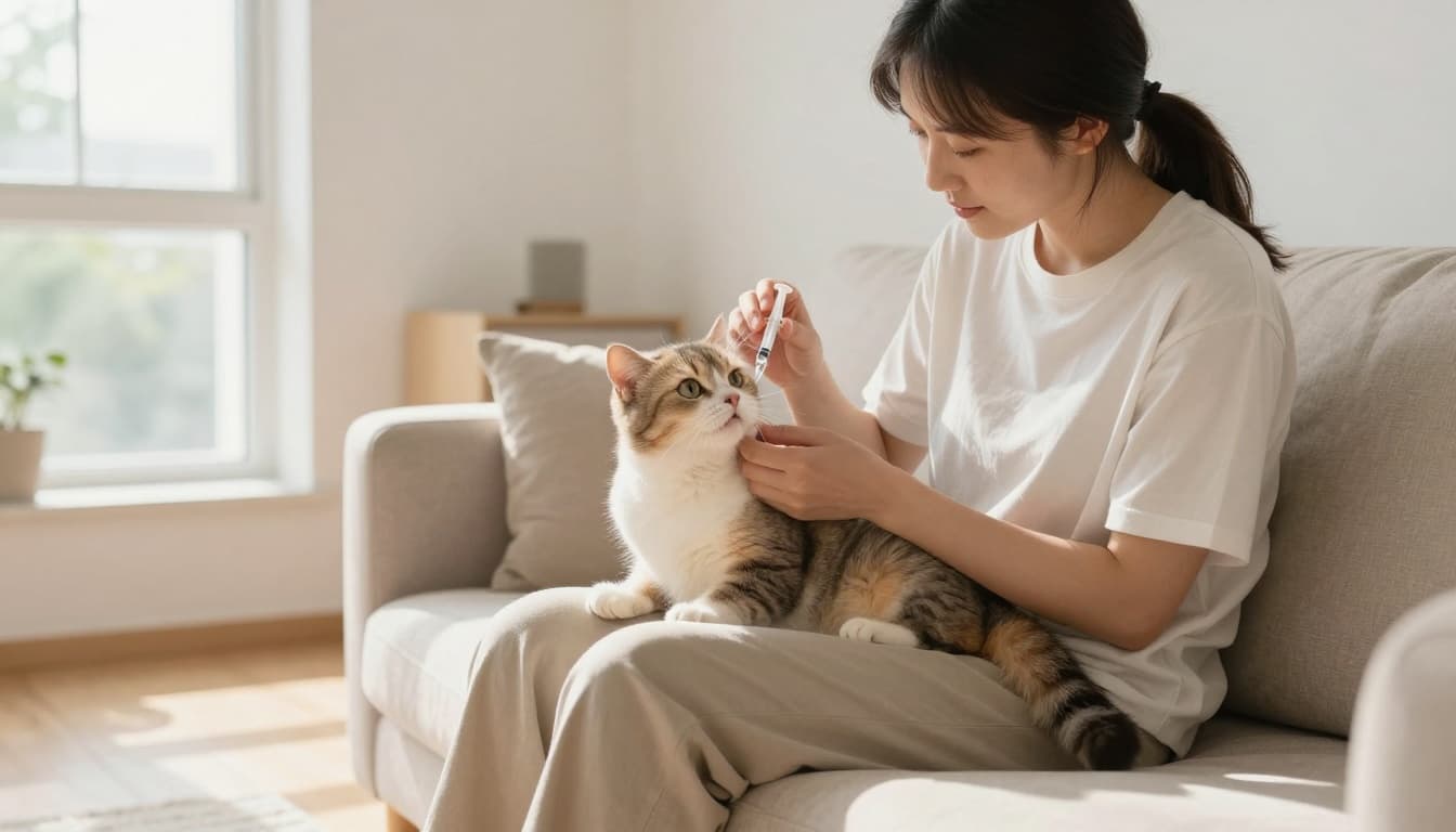 A caring owner in comfortable casual clothes sits relaxed on a light beige sofa in a bright Scandinavian living room, gently holding an alert and calm domestic shorthair cat on their lap while administering tiny drops of water from a syringe into the cat's mouth without stress.