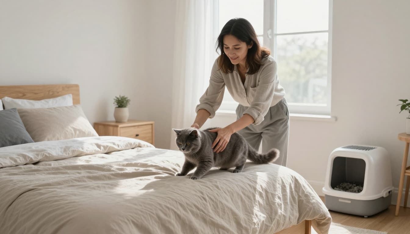 In a bright Scandinavian bedroom with minimalist decor, a caring owner gently picks up a fluffy grey cat starting to urinate on the bed and redirects it to a nearby open litter box, creating a peaceful atmosphere.