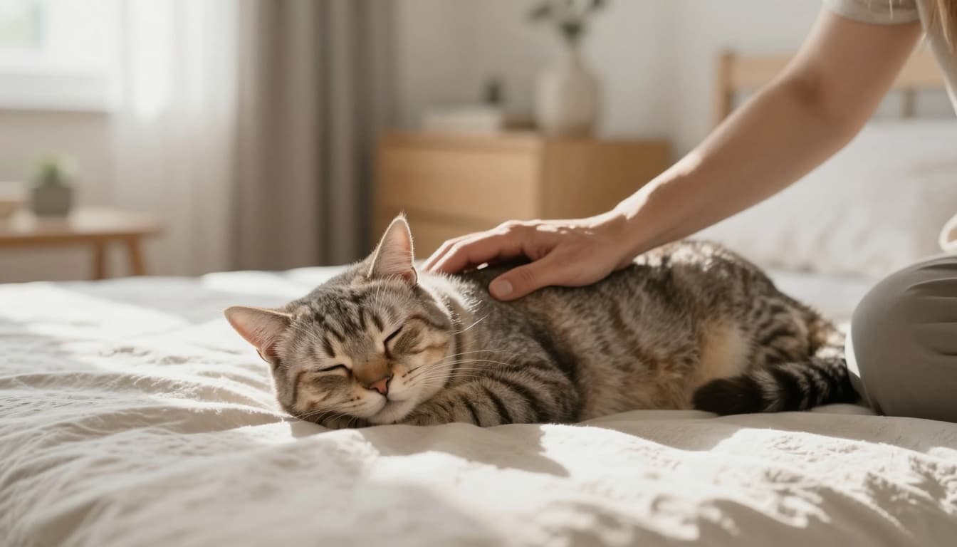 A caring owner gently strokes an elderly cat resting on a soft bed in a bright, minimalist Scandinavian living room bathed in warm natural light, evoking compassion and peace.