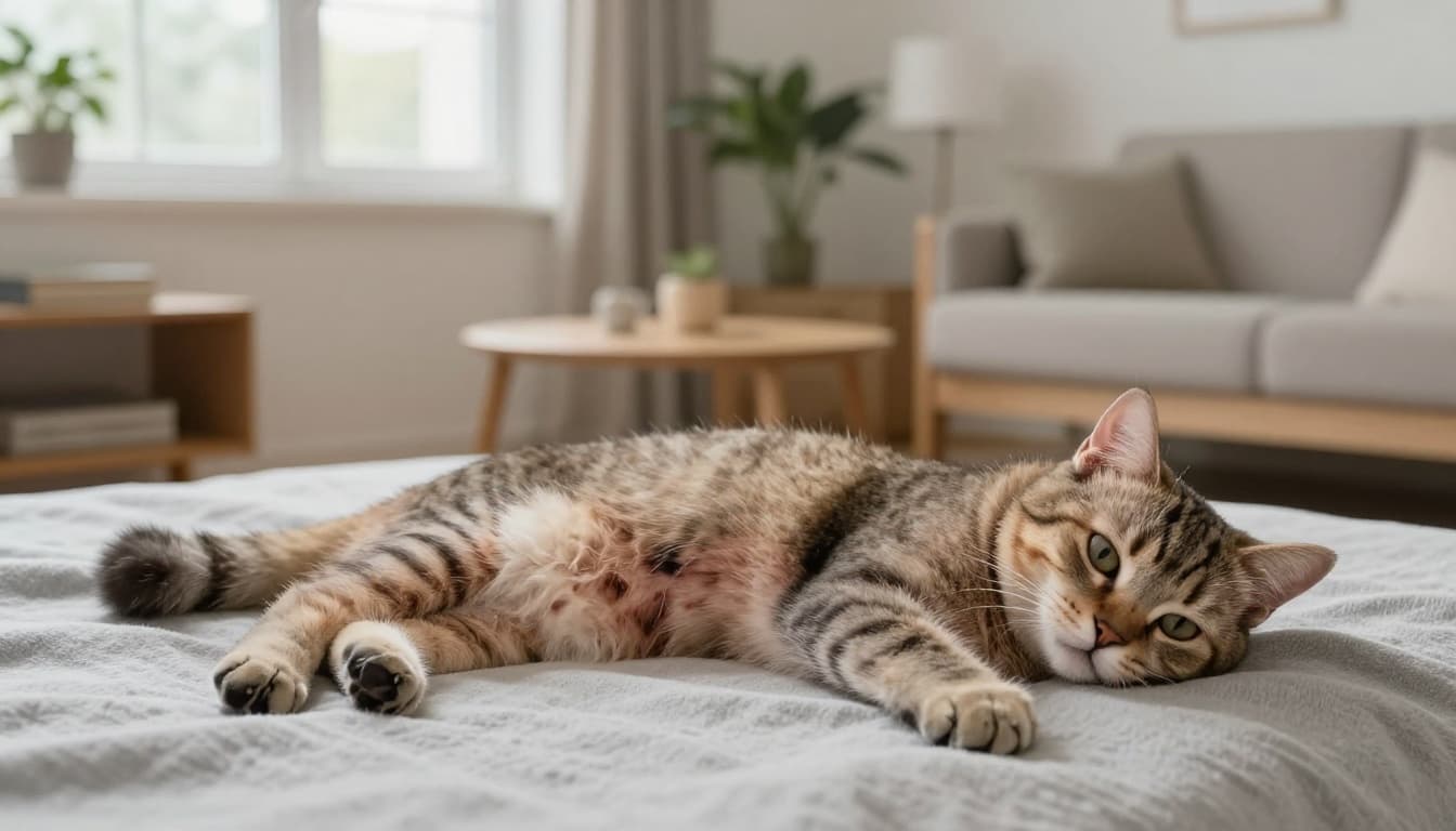 A domestic shorthair cat lying on its side on a soft light grey blanket in a bright Scandinavian-style living room, revealing hair loss on the belly and flanks with irritated skin amid cozy minimalist decor.
