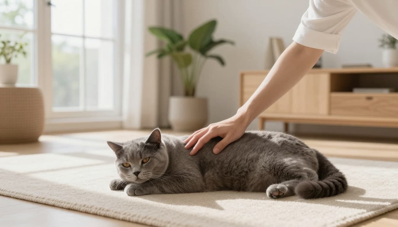 A relaxed domestic shorthair cat lies calmly on a soft surface as a hand gently palpates it to check body condition, with ribs faintly visible under soft fur. The scene unfolds in a bright Scandinavian living room featuring minimalist decor, natural morning light, light wood furniture, and a cozy elegant atmosphere.
