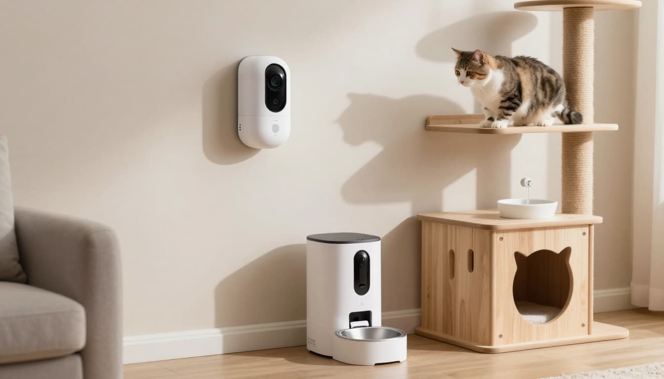 Premium realistic photo of a bright, minimalist Scandinavian living room with neutral tones, featuring a wall-mounted stylish wireless cat camera, automatic food dispenser next to a light wood cat tree, a curious cat on the perch, and a nearby water fountain for a serene pet-friendly home.