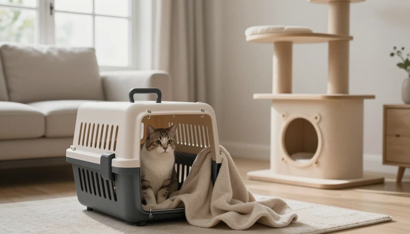 In a bright Scandinavian living room with minimalist decor, a curious cat sits inside a secure transport carrier covered with a soft blanket, next to a premium Meowood cat tree.