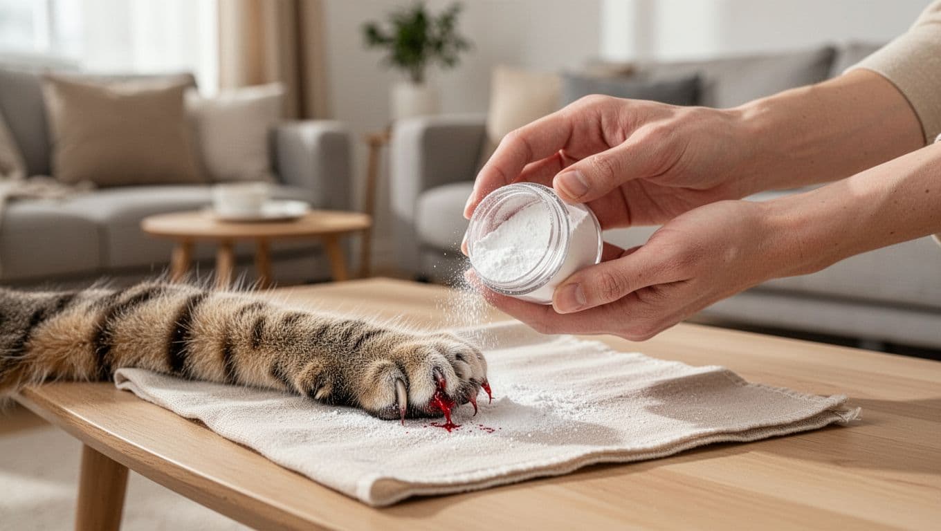 In a bright, minimalist Scandinavian living room with neutral tones, a relaxed hand applies hemostatic powder from a small jar to a single cat paw's slightly bleeding claw tip on clean cloth.