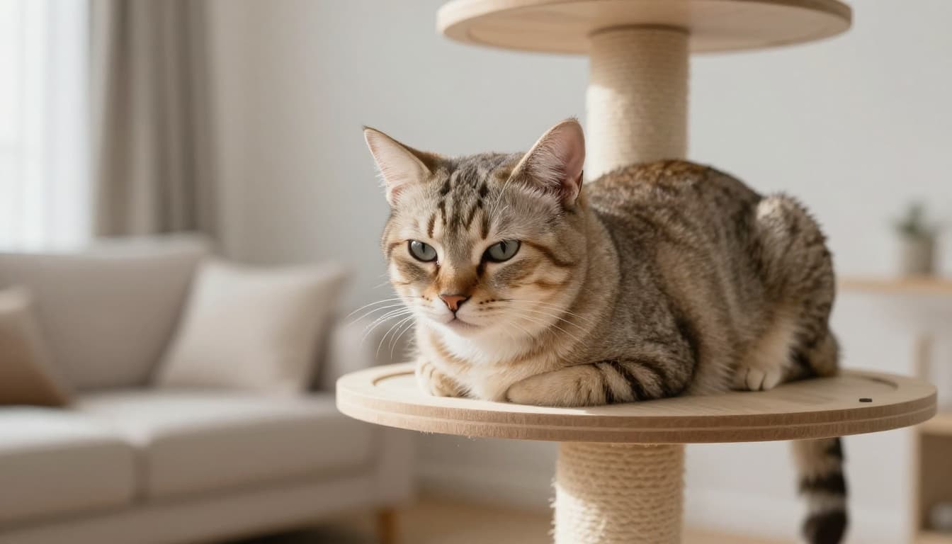 A domestic cat shows early signs of coryza with slight nasal discharge, watery eyes, and a tired expression, resting on a premium solid wood cat tree in a bright Scandinavian minimalist living room.
