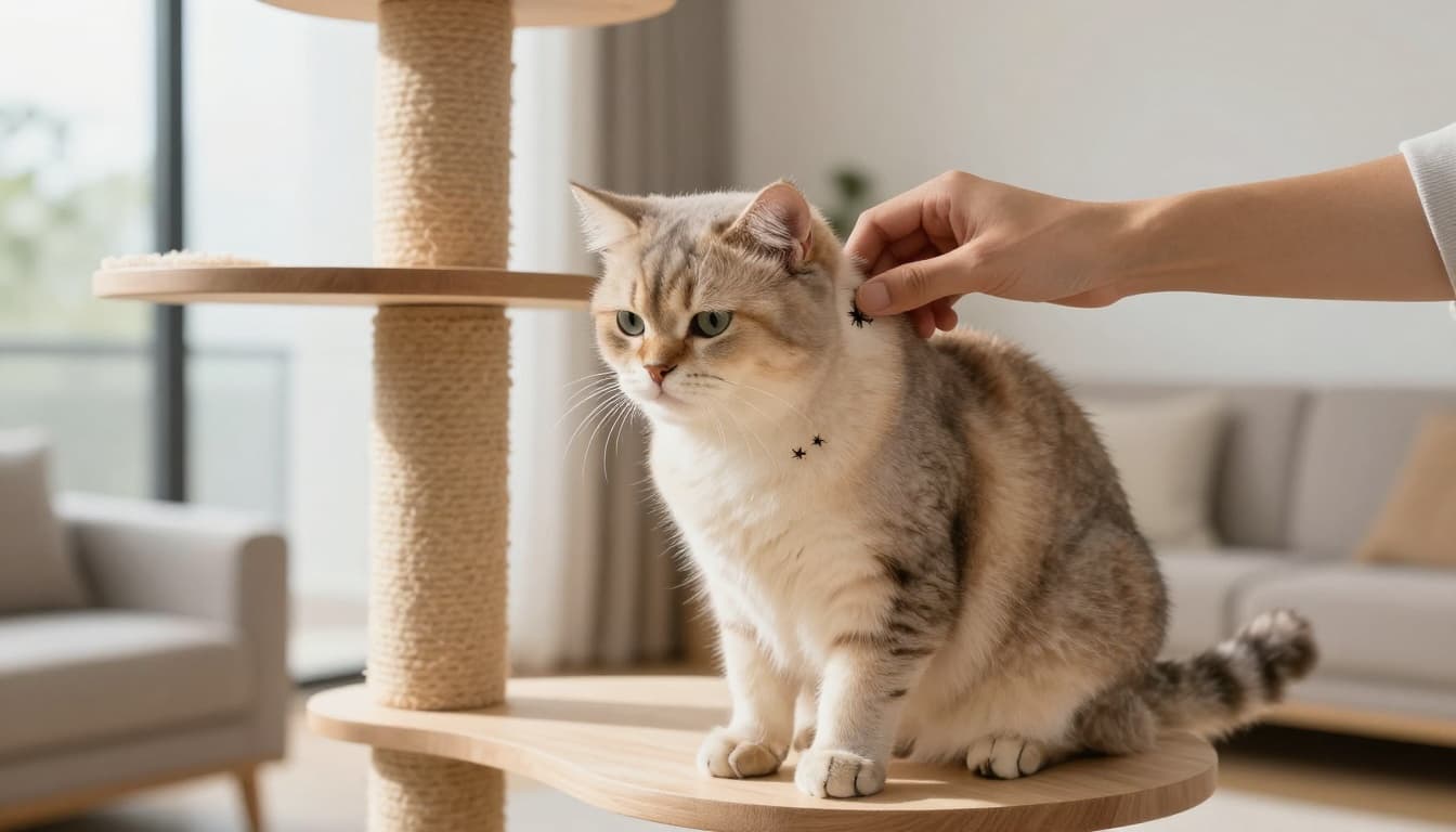 In a premium Scandinavian interior with natural light, a hand gently parts a fluffy cat's fur at the neck on a wooden cat tree, revealing dead fleas after treatment, evoking cleanliness and relief.